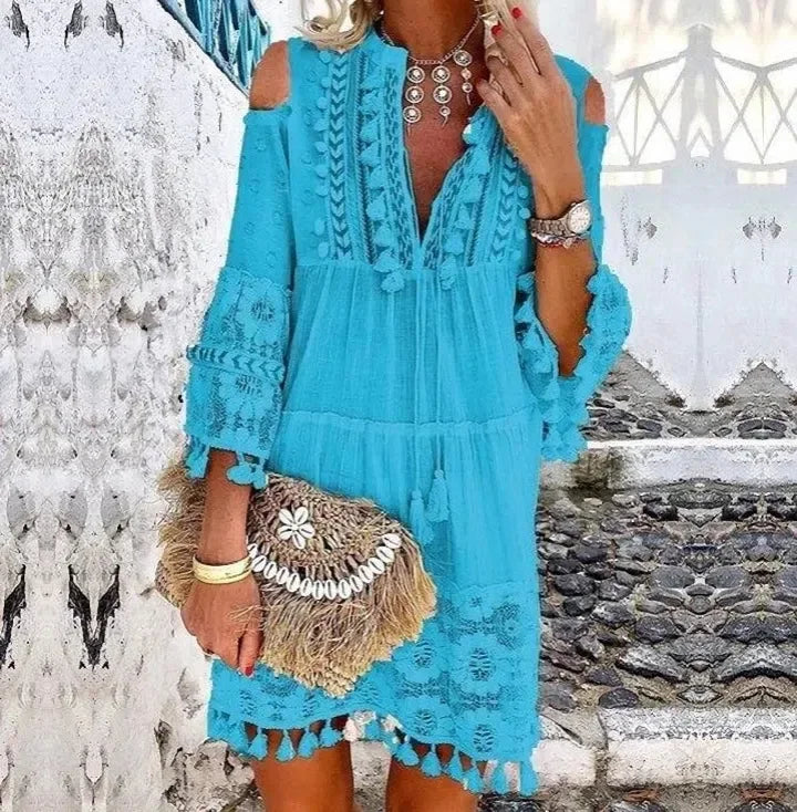 Holiday Dress Solid Hollow Out V-Neck Lace Sexy Dresses Bohemian Style Big Size Dress Vestidos Tassel Sexy Boho Long Dress Women
