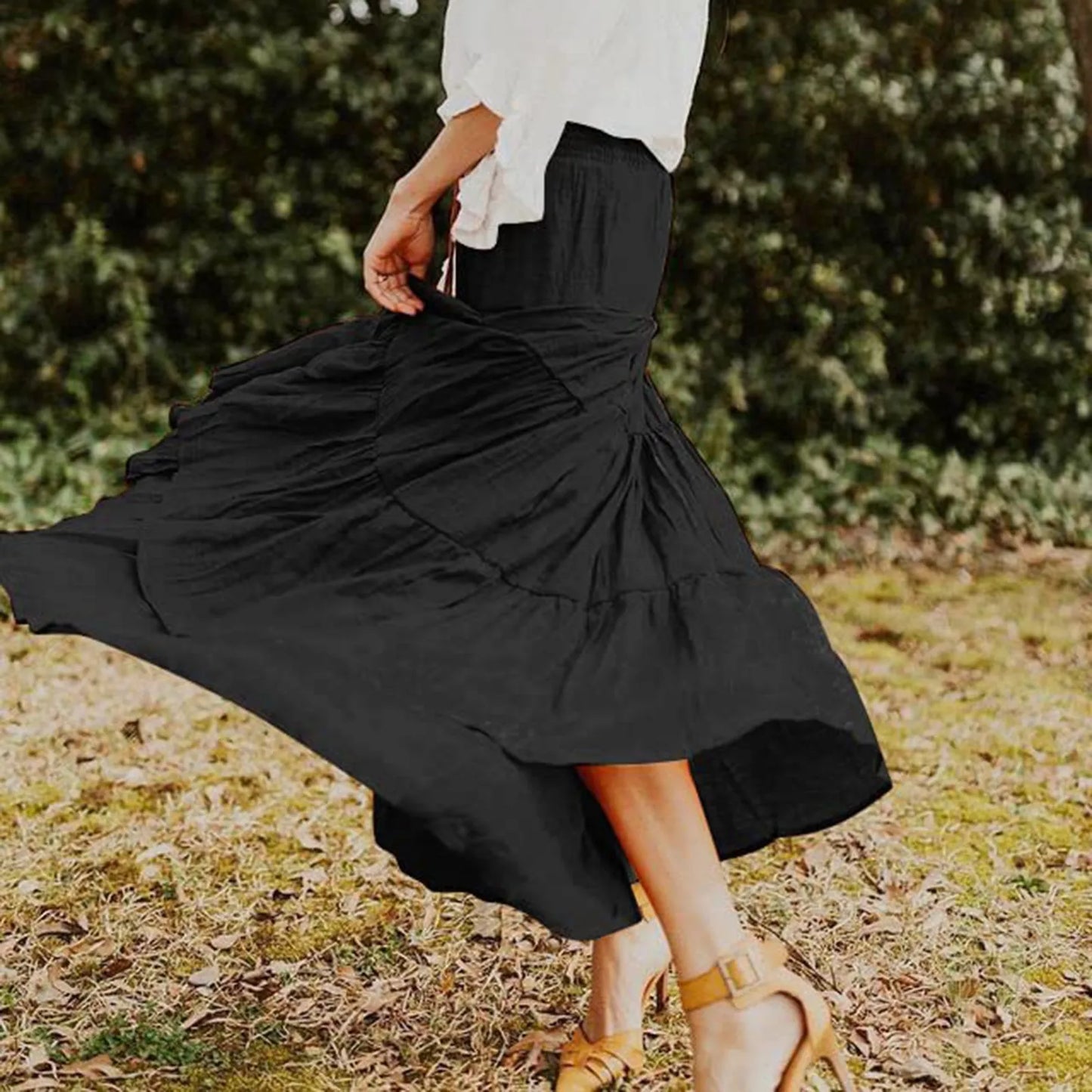 High Waist Boho Women Maxi Skirts Elegant Beach Casual Vestido Summer Solid Harajuku Large Swing A Line Long Skirt Ruffles Jupes