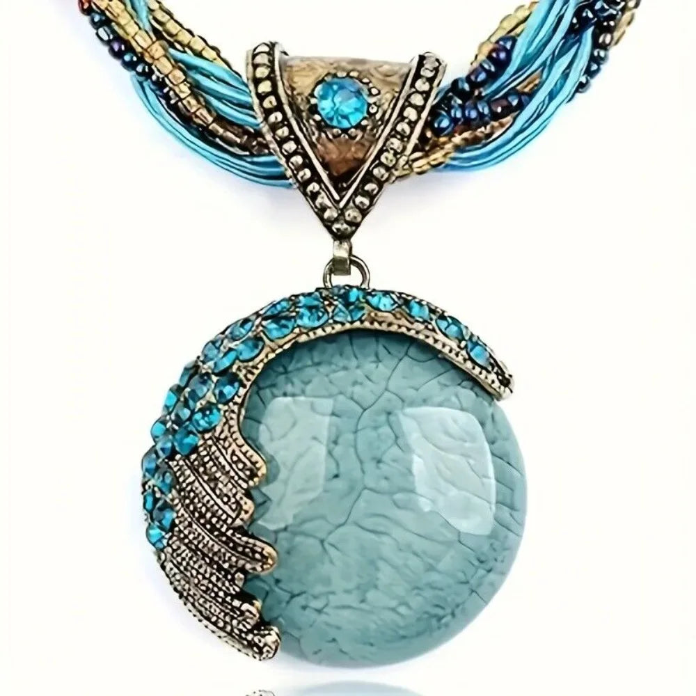 3 Pcs Bohemian Necklace for Women Turquoise Jewelry Necklace Statement Beaded Vintage Jewelry Rhinestone Long Necklace for