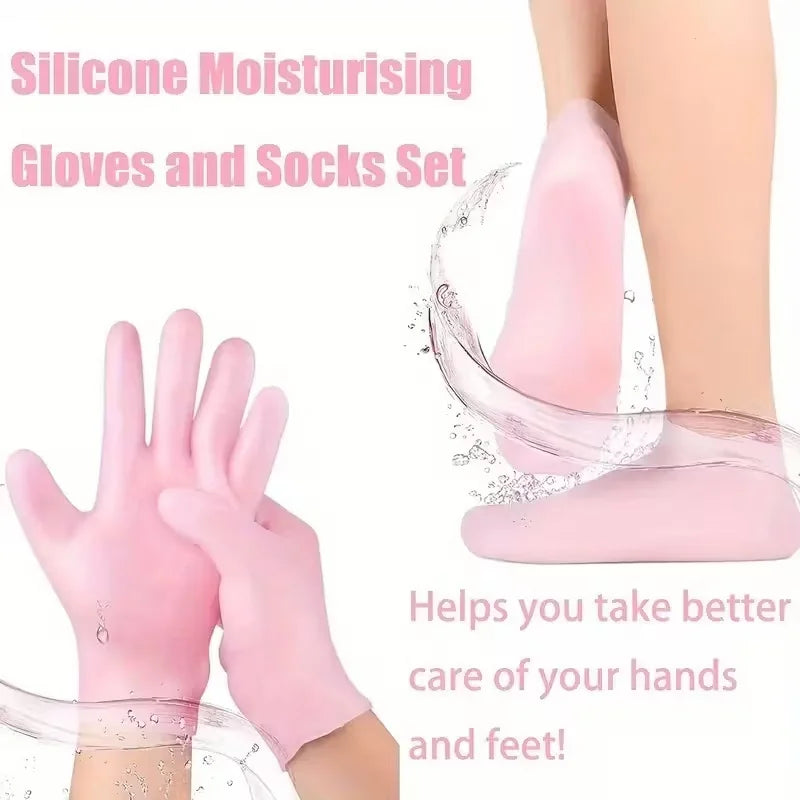 Silicone Moisture Socks & Gloves Set for Dry Cracked Skin, 4-Pc Reusable Non-Slip Treatment, Unscented