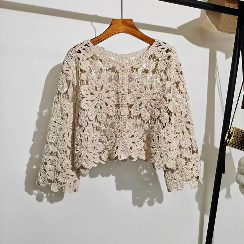 Retro Hook Flower Hollow Out Tops Fashion Long Sleeve Embroidery Cardigan Shirt Sweet Women Blouse