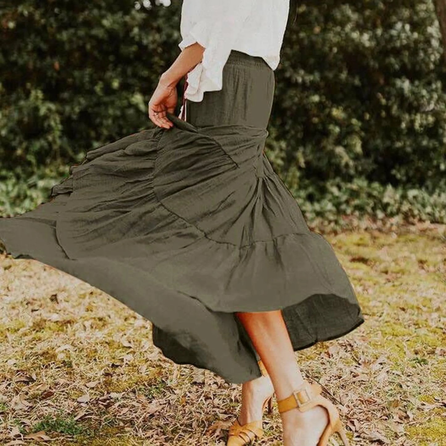 High Waist Boho Women Maxi Skirts Elegant Beach Casual Vestido Summer Solid Harajuku Large Swing A Line Long Skirt Ruffles Jupes