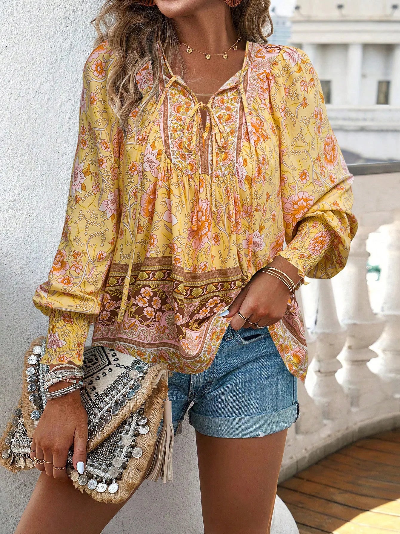 Women Vintage Floral Print Boho Blouse Sexy V Neck Long Sleeve Tops Casual Date Work Party Summer Beach Loose Blouses Shirts
