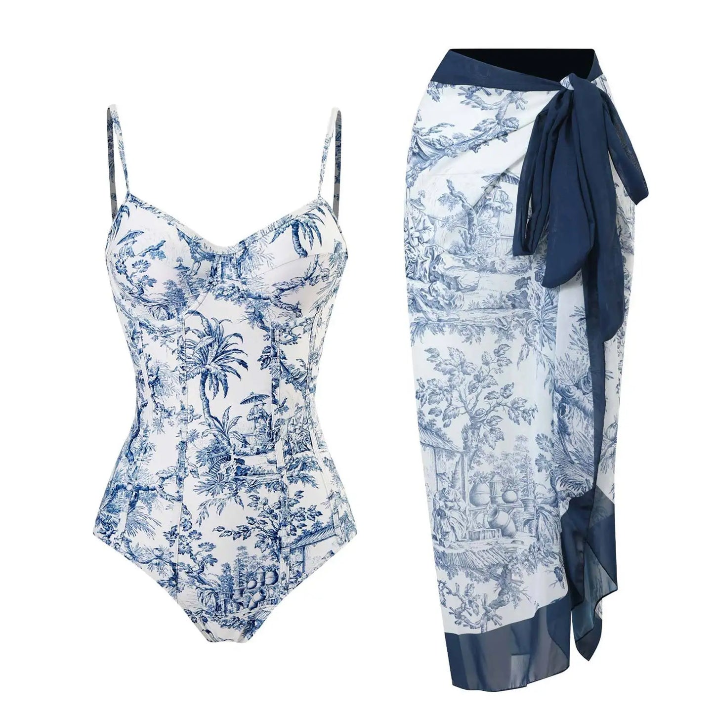 2 Pieces Retro Printed Swimsuit With Cover Up Sexy Women Swimwear 2025 V Neck Bikinis Female Biquini 3XL Bodysuit Beachwear