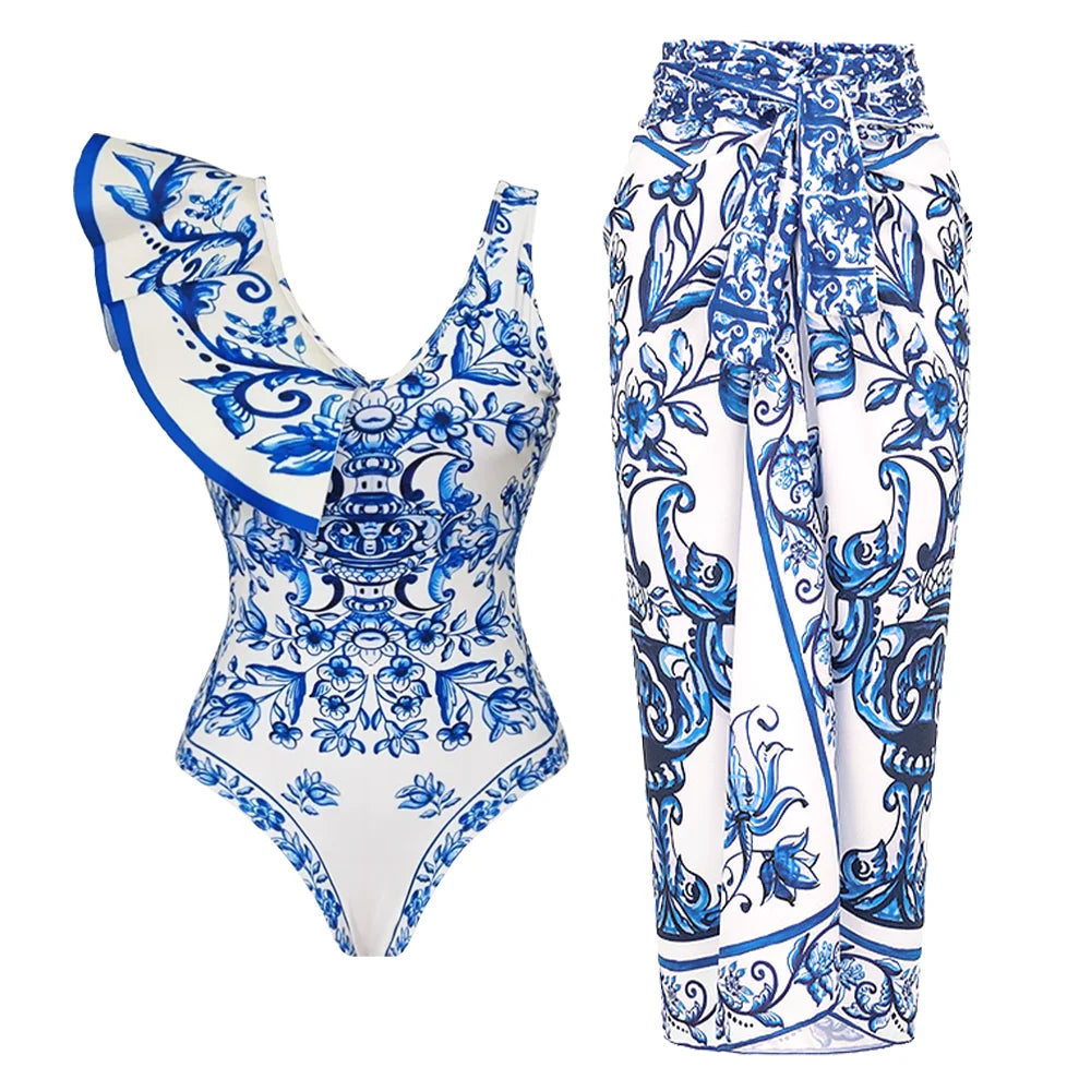2024 New Sexy Ruffle Bikini Set Printed Brazilian Biquini Women Swimwear Skirt Bathing Suit Girls Summer Beachwear Dress