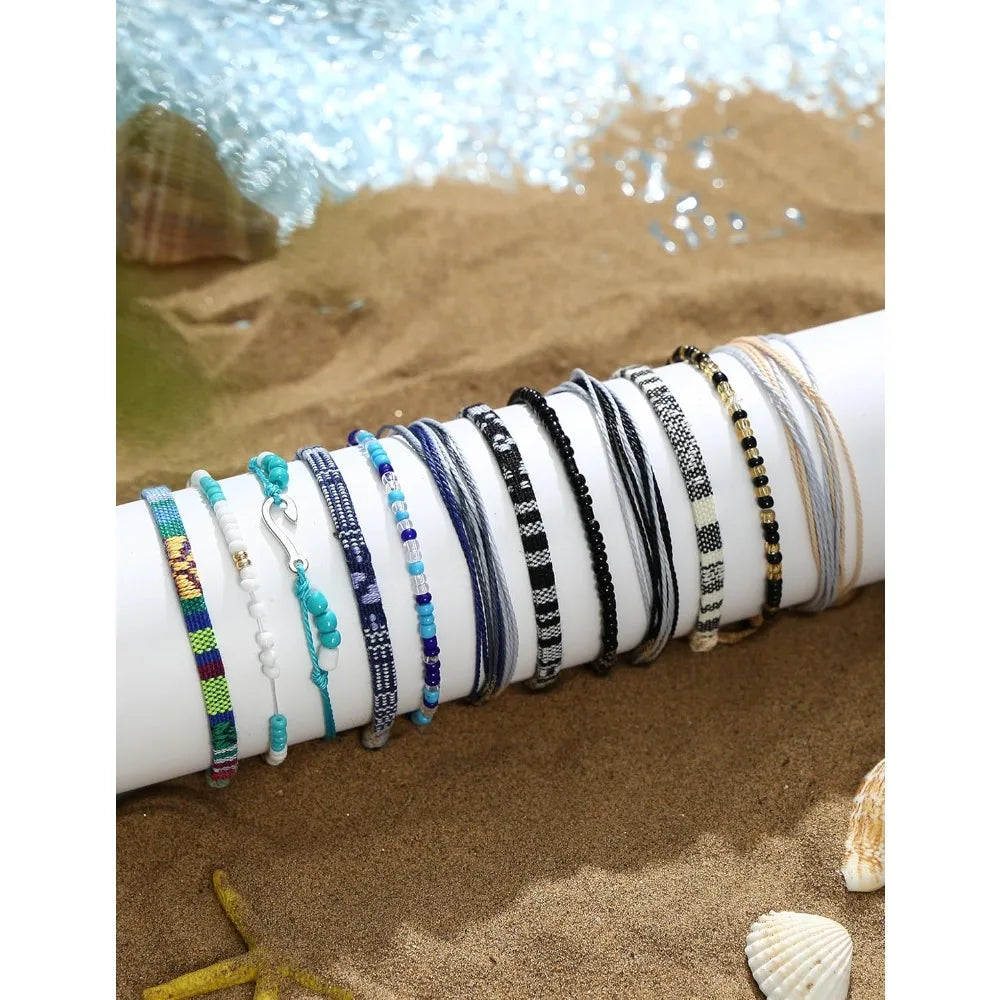 24-Piece Waterproof Boho Bracelet Set – Adjustable Handmade Wave & Ocean Anklets for Women