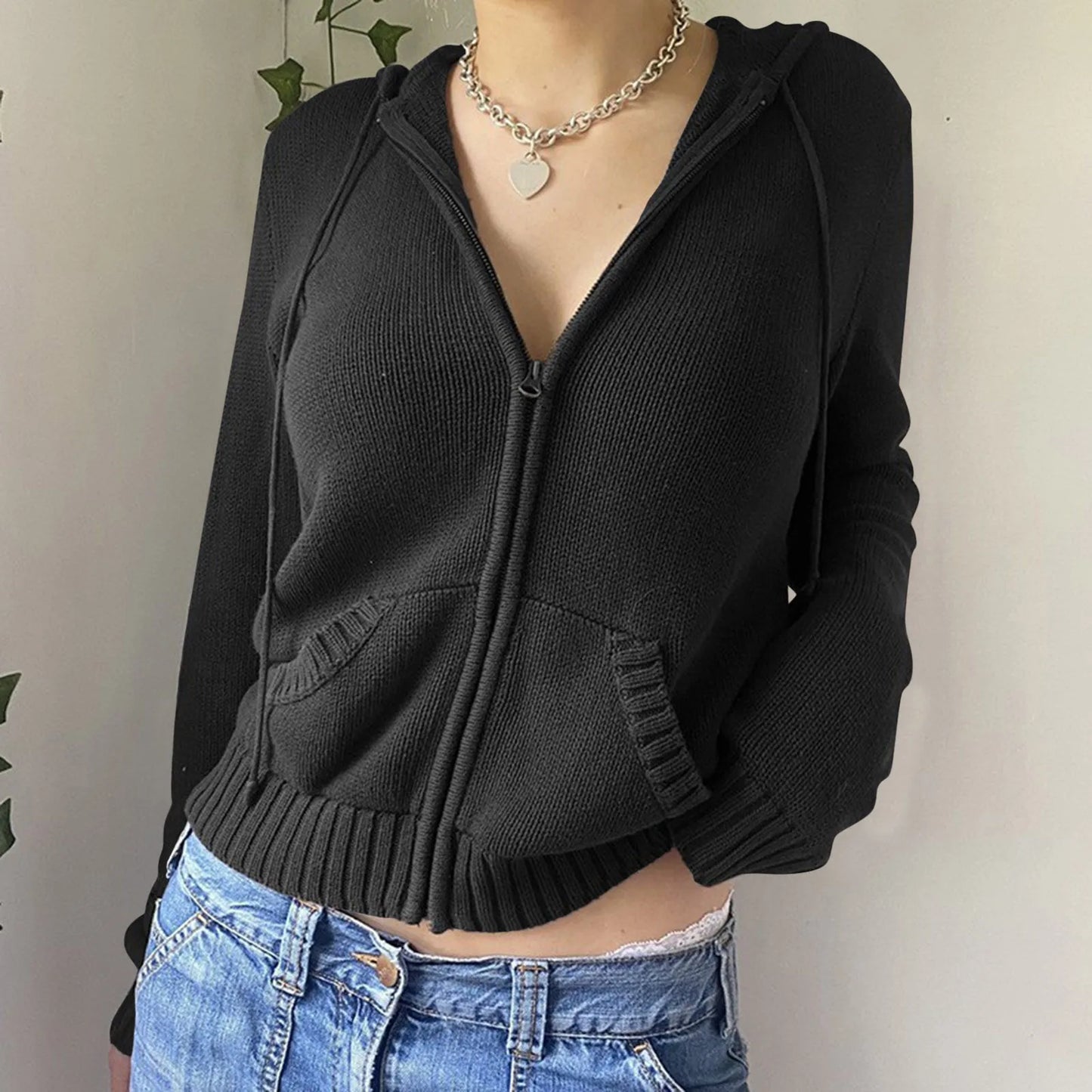 Autumn And Winter Zip Up Long Sleeve Crop Hoodie Womens Sweatshirts Ribbed Knit Cropped Hoodie Sweater Pullovers Short Jackets