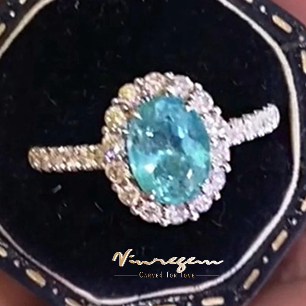 Vinregem 6*8 MM Oval Cut Paraiba Tourmaline High Carbon Diamond 925 Sterling Silver Women Rings Wedding Engagement Fine Jewelry