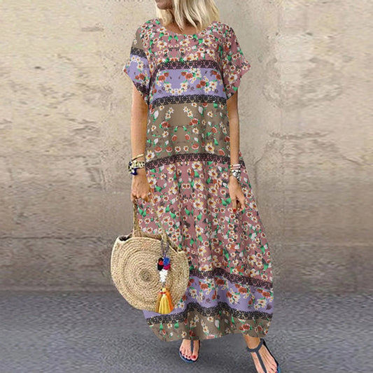 Bohemian Printed Maxi Dresses Women Loose Casual Holiday Short T Shirt Dress Summer Beach Vacation Dresses For Women Robe Femme