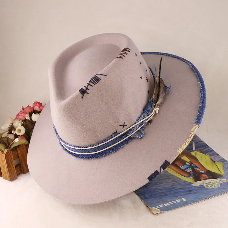 Western Style 100% Wool Fedora Hat | Braided Ribbon & Feather Trim Felted Jazz Cap for Autumn/Winter