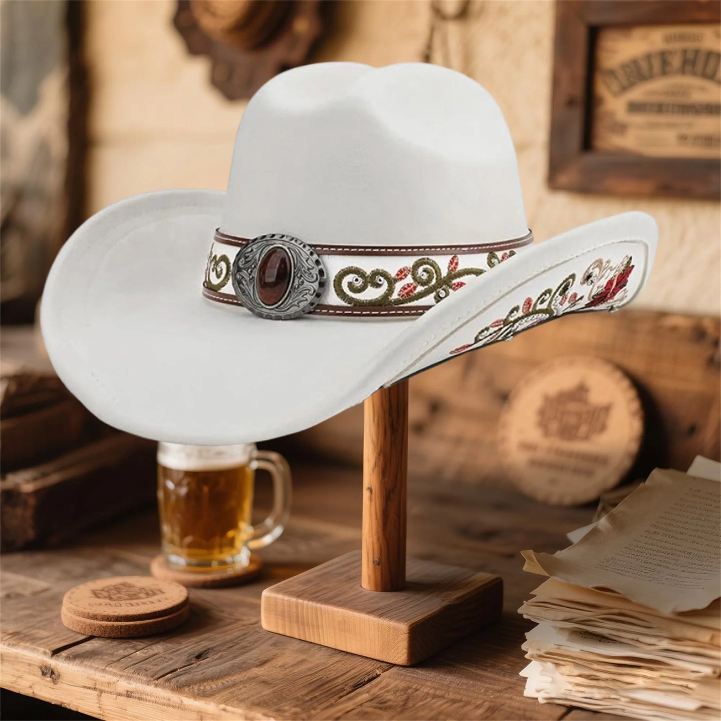 Stylish Vintage Denim Cowboy Hats with Embroidered Roses and Wide Brim for Western Theme Parties and Outdoor Events