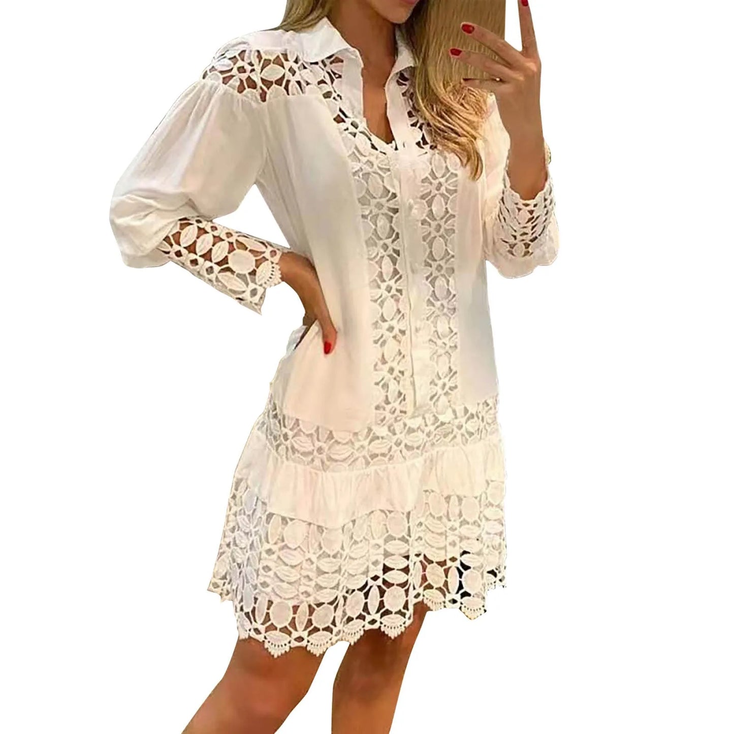 Casual Lapel Women's Shirt Dress Vestido Summer Lace Crochet  Hollowed Out Long Sleeve Party Dress Elegant Lady Plus Size Dress