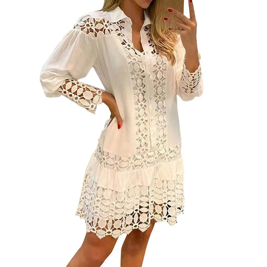 Casual Lapel Women's Shirt Dress Vestido Summer Lace Crochet  Hollowed Out Long Sleeve Party Dress Elegant Lady Plus Size Dress