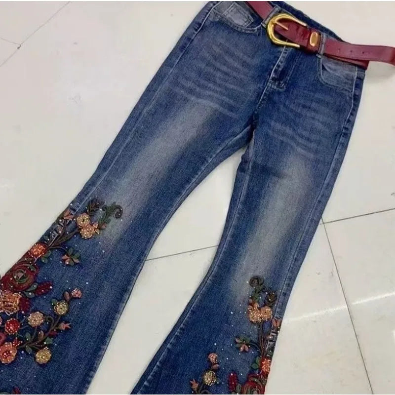 New Large-sized Heavily Embroider Diamond-encrusted High-waisted Slimming Draping Fashion Versatile Slightly Flared Jeans Women
