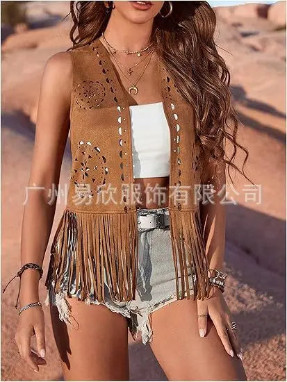 Western Fringe Vest for Women - Vintage Faux Suede Waistcoat with Tassel Trim, Boho Hippie Open Front Sleeveless Jacket