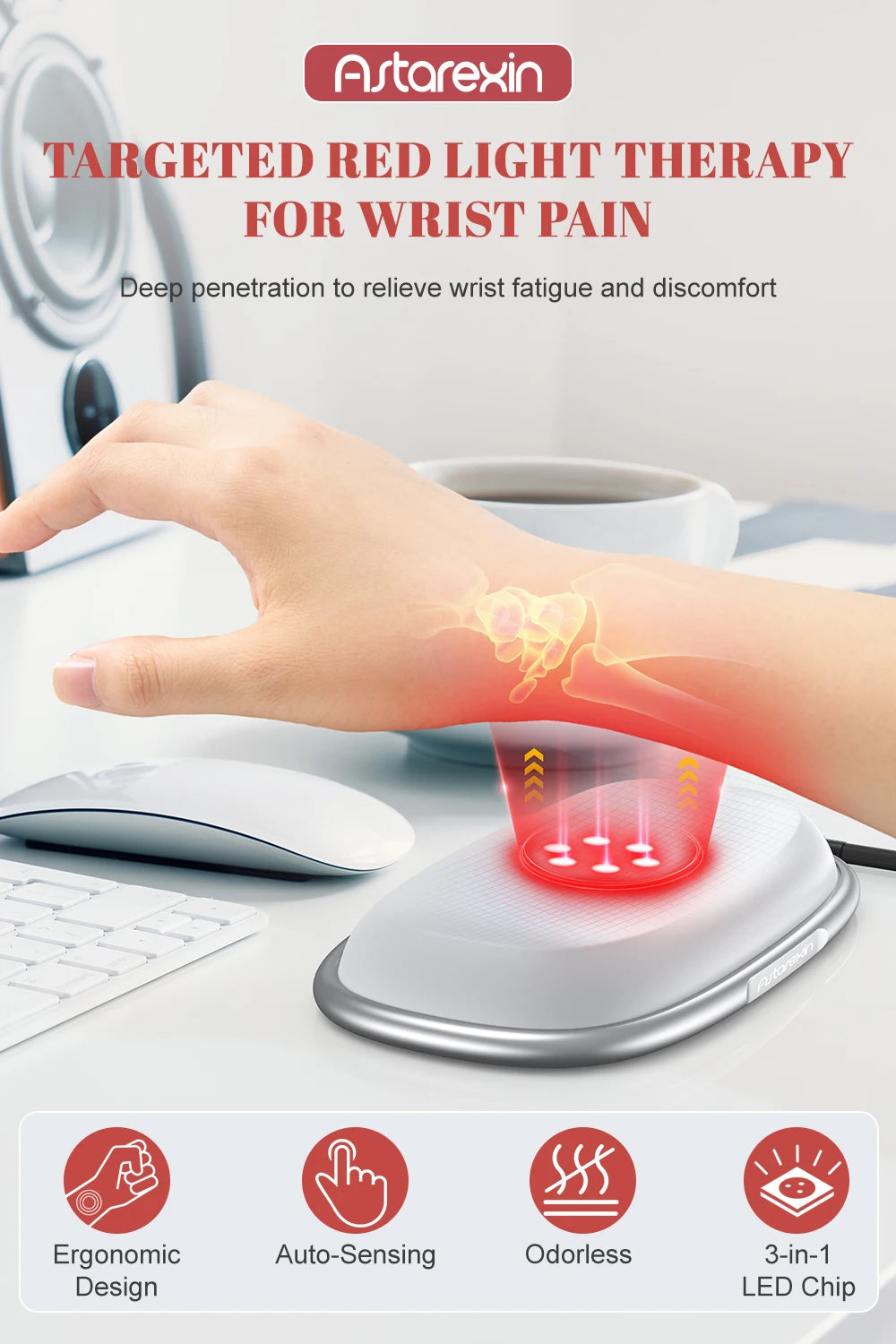 Red Light Therapy Mouse Wrist Rest - 660NM & 850NM Dual Band Infrared Light Relieve Wrist Pain For Tenosynovitis Office Workers