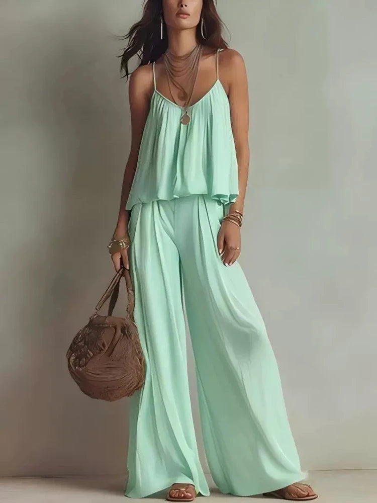 Simple Solid Color Sleeveless Summer Suit Casual Pleated Beach Sets New Women's V-neck Camisole Top with Wide Leg Pants Outfit