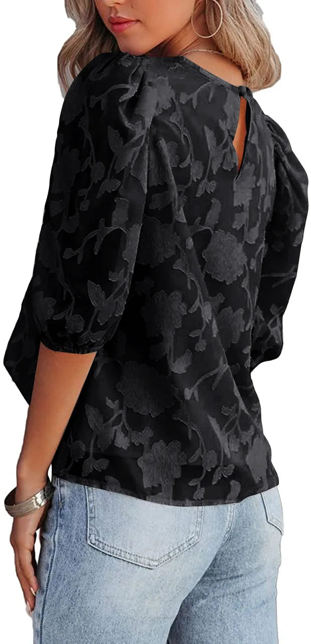 Women Puff Sleeve Chiffon Blouse Floral Lace Trim Loose Fit Tops Elegant Casual Shirt for Women Spring Summer Boho Chic Tunic Te