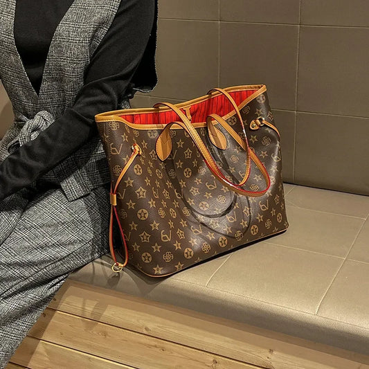 Fashion Printed Large Capacity Tote Bag 2026 New Women's Trendy Versatile Commuter Shoulder Bag Coffee Beige Free Shipping