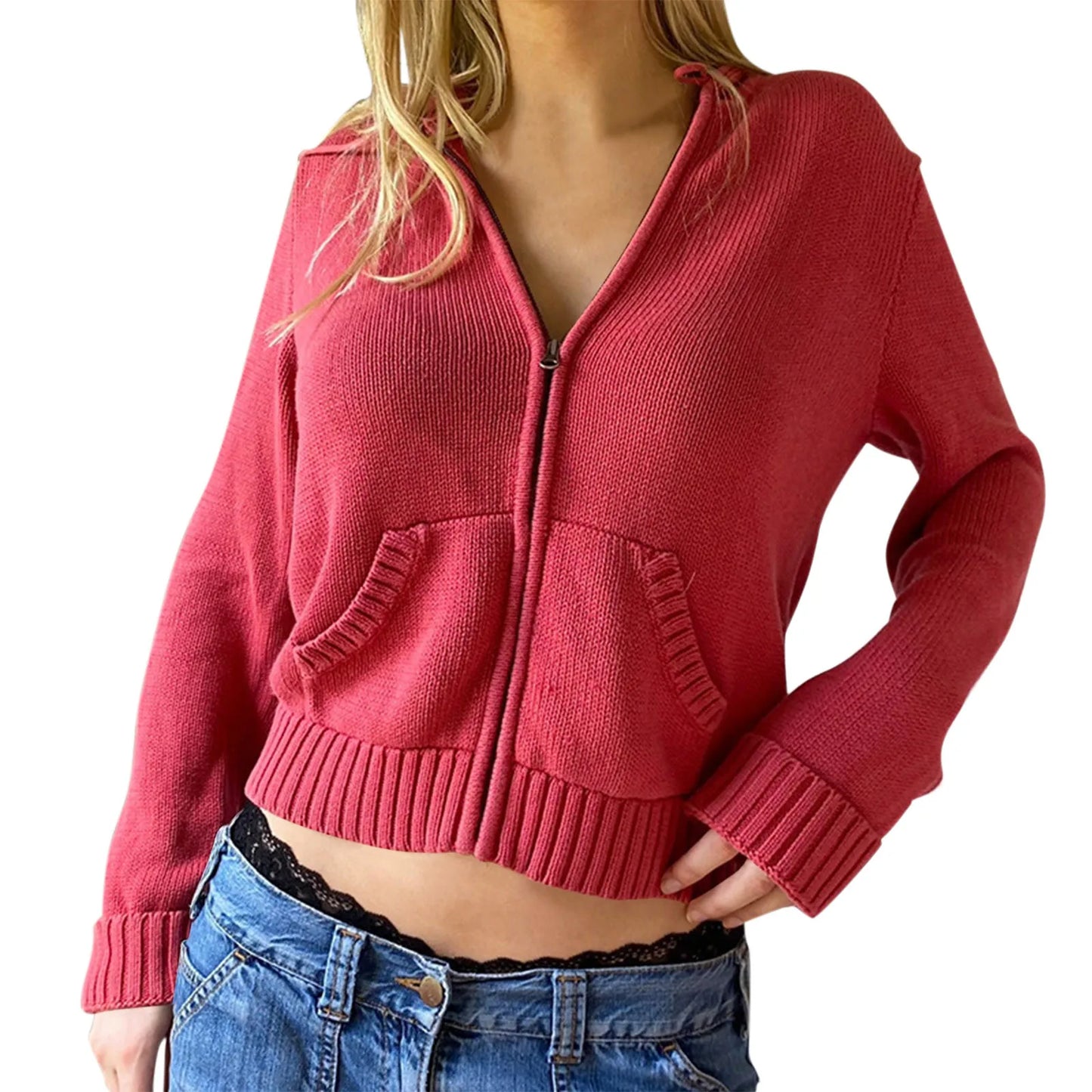 Autumn And Winter Zip Up Long Sleeve Crop Hoodie Womens Sweatshirts Ribbed Knit Cropped Hoodie Sweater Pullovers Short Jackets