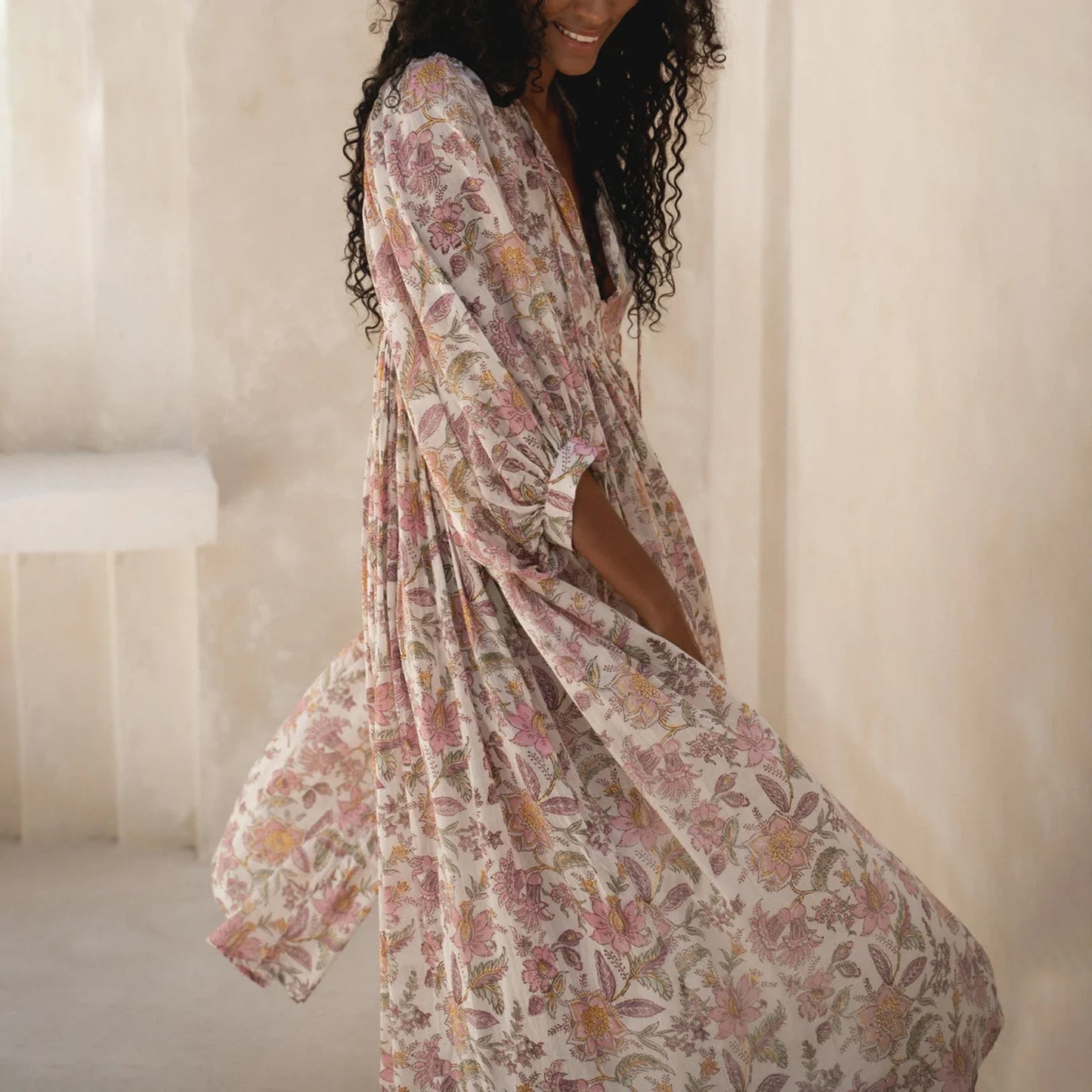 Women Floral Maxi Dress Y2k Boho Printed 3/4 Lantern Sleeve V Neck Dress Holiday Beach Loose Swing Sundress Party Clubwear