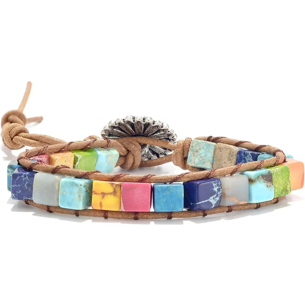 7 Chakra Leather Wrap Bracelet – Real Healing Stones, Boho Jewelry for Women & Men