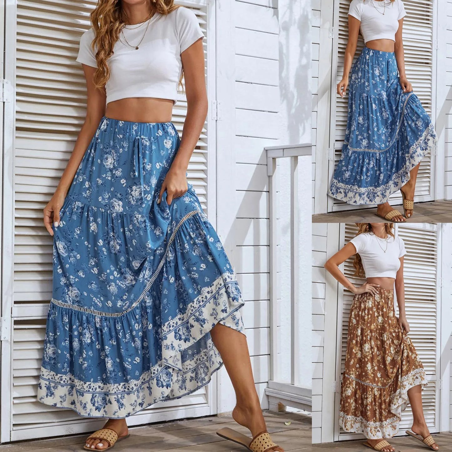 Women Bohemian A Line Skirt Summer Beach Boho Printed High Waist Drawstring Long Midi Skirt Large Swing Casual Pleated Faldas