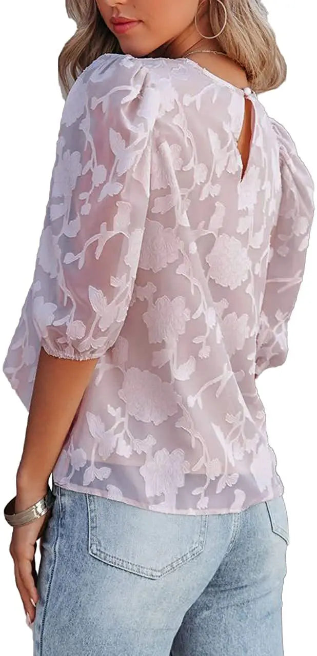 Women Puff Sleeve Chiffon Blouse Floral Lace Trim Loose Fit Tops Elegant Casual Shirt for Women Spring Summer Boho Chic Tunic Te