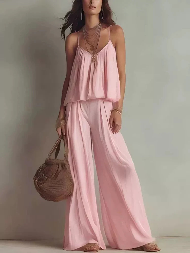 Simple Solid Color Sleeveless Summer Suit Casual Pleated Beach Sets New Women's V-neck Camisole Top with Wide Leg Pants Outfit
