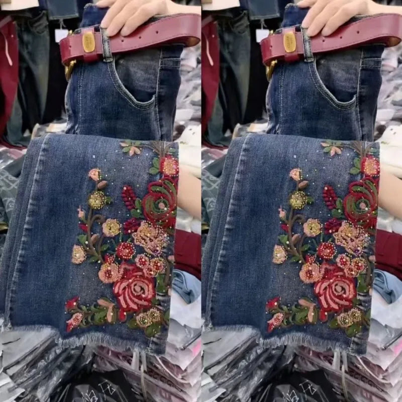 New Large-sized Heavily Embroider Diamond-encrusted High-waisted Slimming Draping Fashion Versatile Slightly Flared Jeans Women