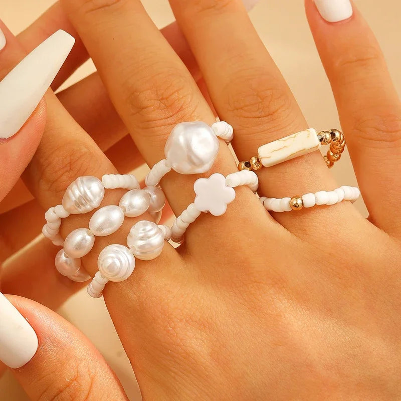 Ethnic Style Imitation Pearl Beads Rings Set for Women Retro Blue Stone Cross Elastic Rope Ring Personality Jewelry Gift