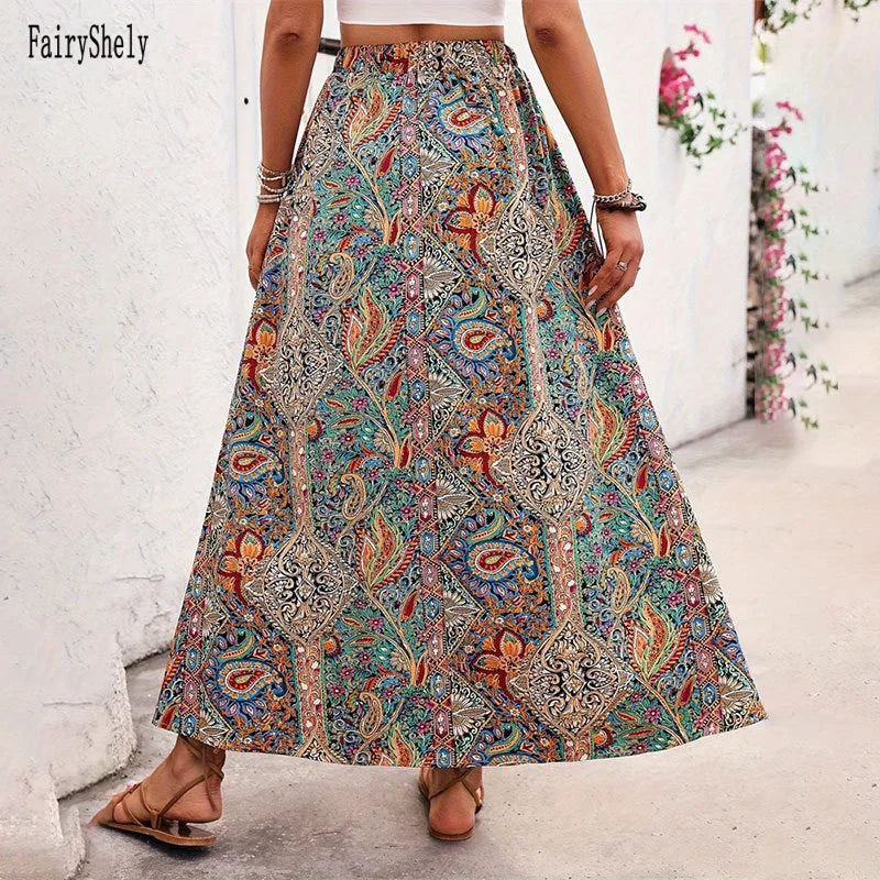 Vintage Bohemian Ethnic Print Long Skirt Women 2026 Summer Casual High Waist Skirt Lady Elegant Boho A line Split Pleated Skirt