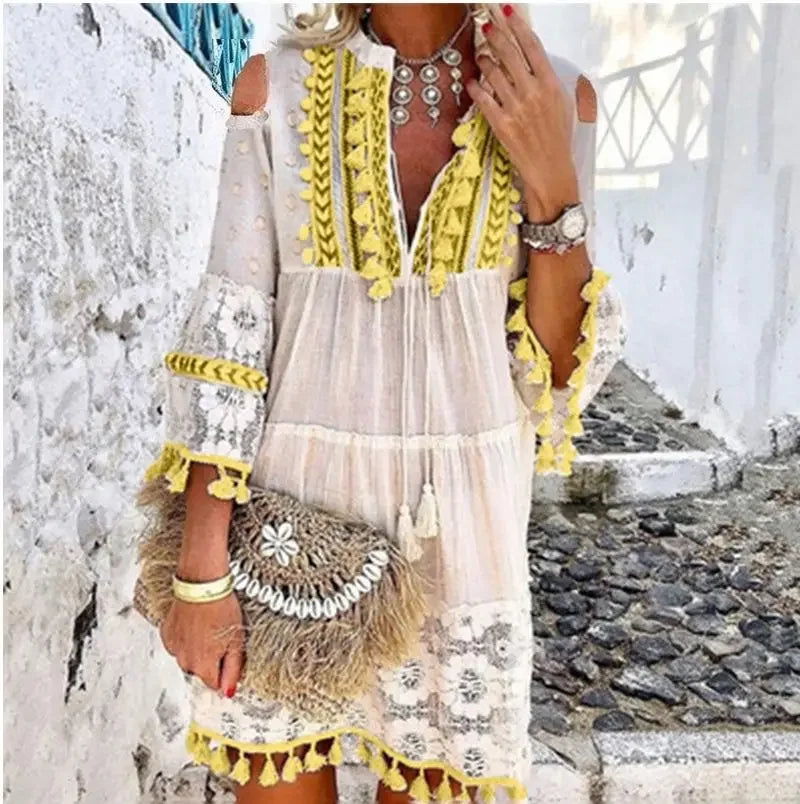 Holiday Dress Solid Hollow Out V-Neck Lace Sexy Dresses Bohemian Style Big Size Dress Vestidos Tassel Sexy Boho Long Dress Women