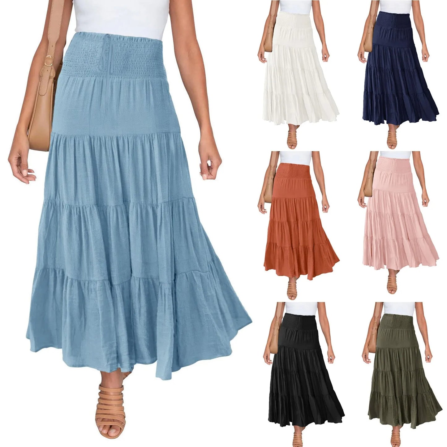 High Waist Boho Women Maxi Skirts Elegant Beach Casual Vestido Summer Solid Harajuku Large Swing A Line Long Skirt Ruffles Jupes
