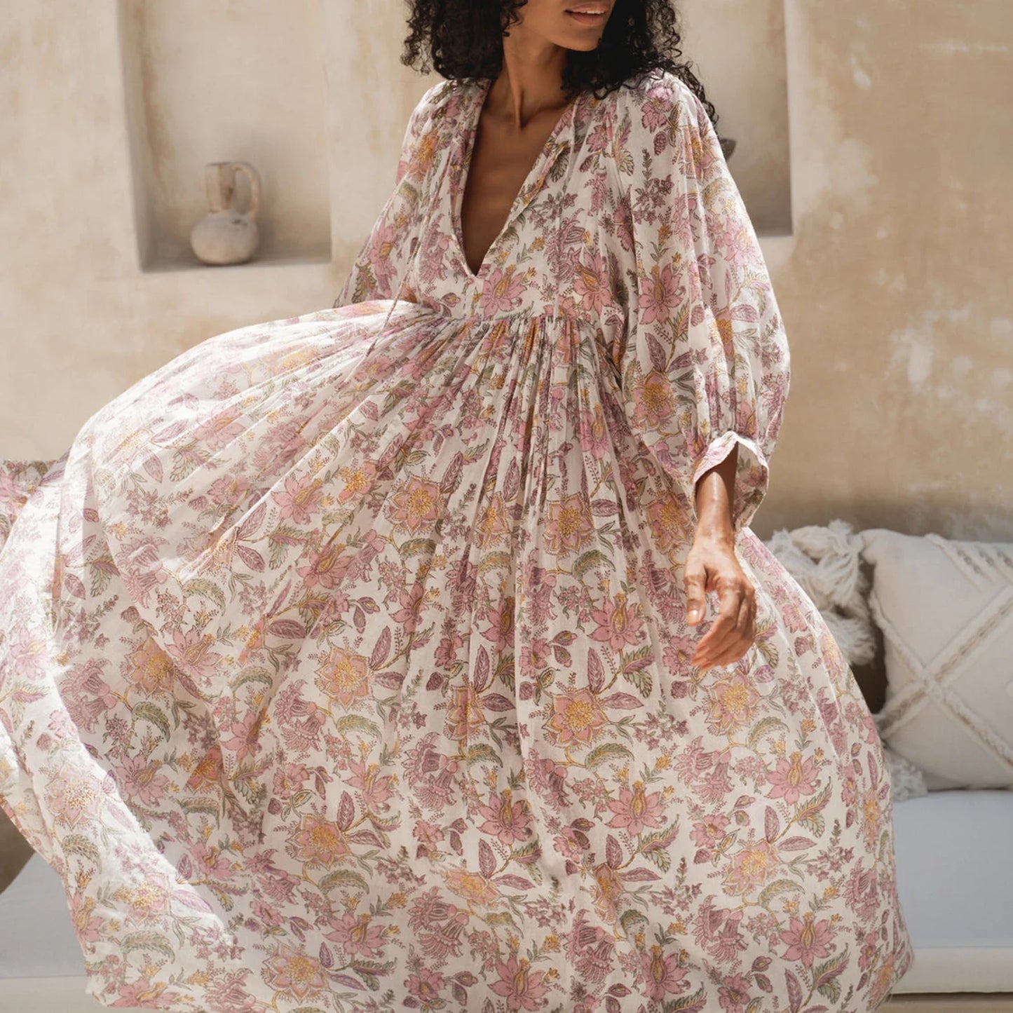 Women Floral Maxi Dress Y2k Boho Printed 3/4 Lantern Sleeve V Neck Dress Holiday Beach Loose Swing Sundress Party Clubwear