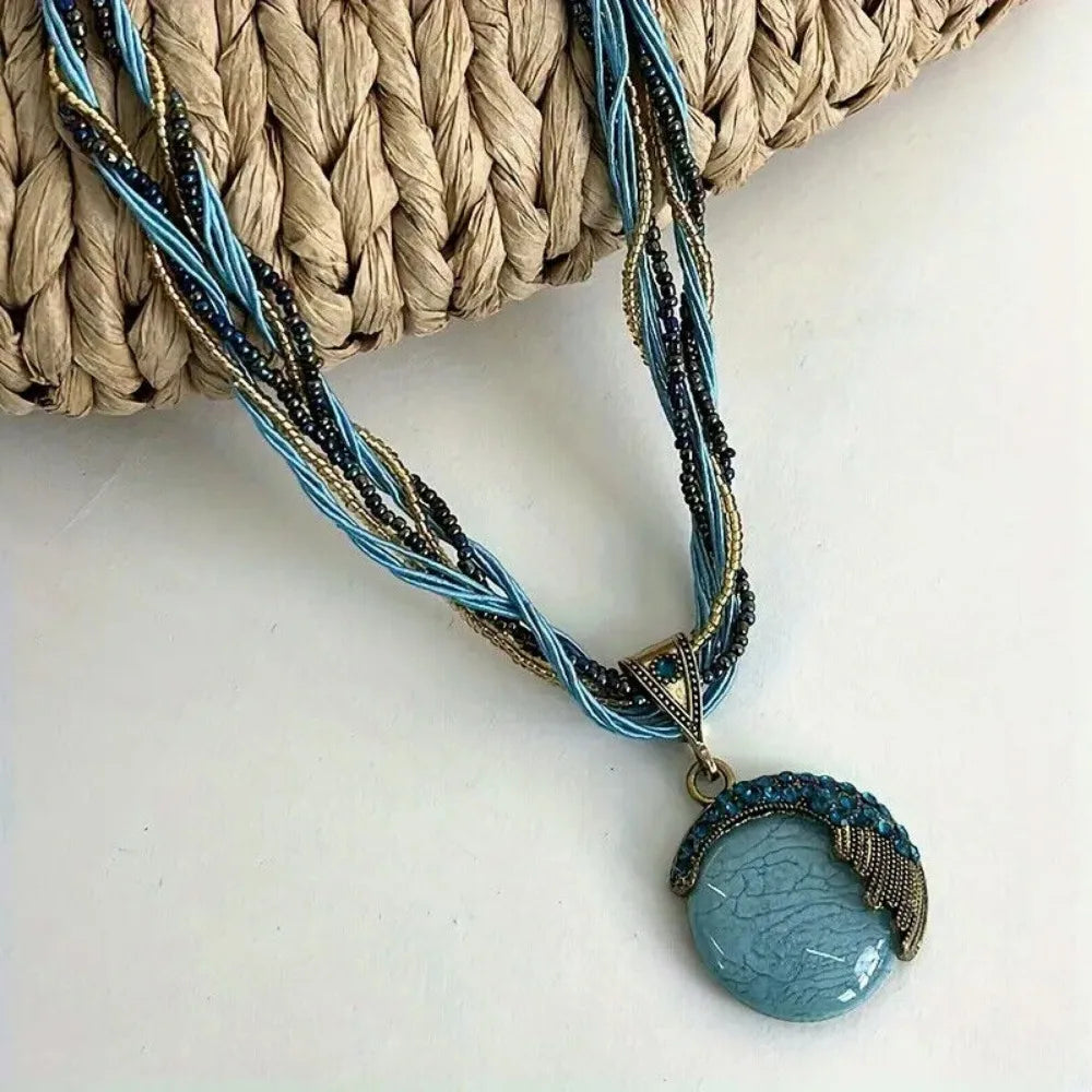 3 Pcs Bohemian Necklace for Women Turquoise Jewelry Necklace Statement Beaded Vintage Jewelry Rhinestone Long Necklace for