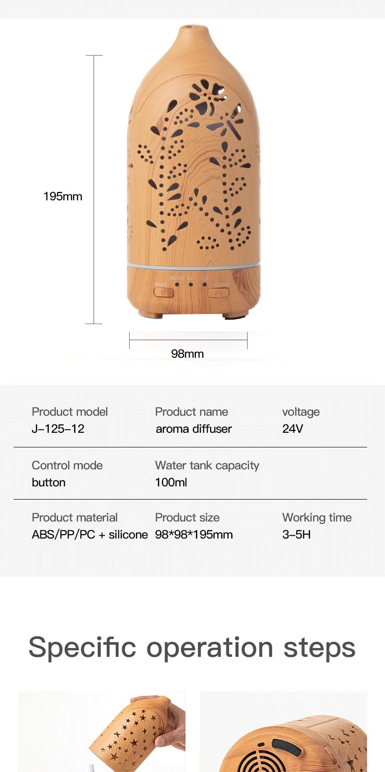 Ultrasonic Essential Oil Diffuser with LED lights 100ml Water Tank Adjustable Cool Mist Modes for Aromatherapy and Humidifying
