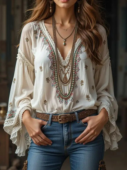 Women V-neck Ethnic Style Long-Sleeved Top Bohemian Vacation Retro Print Lace Splicing Casual Vintage Blouse Shirt Autumn Top
