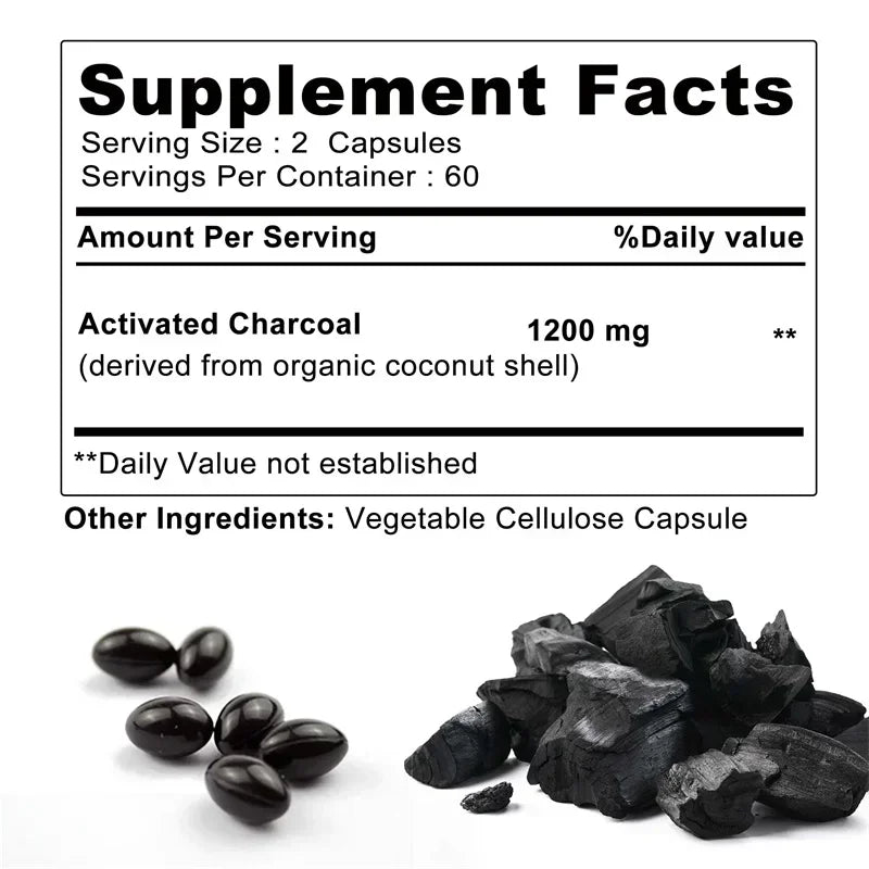 Activated Charcoal Capsules - Supports Intestinal Health, Relieves Bloating, Promotes Natural Detoxification, Improves ImmunityS