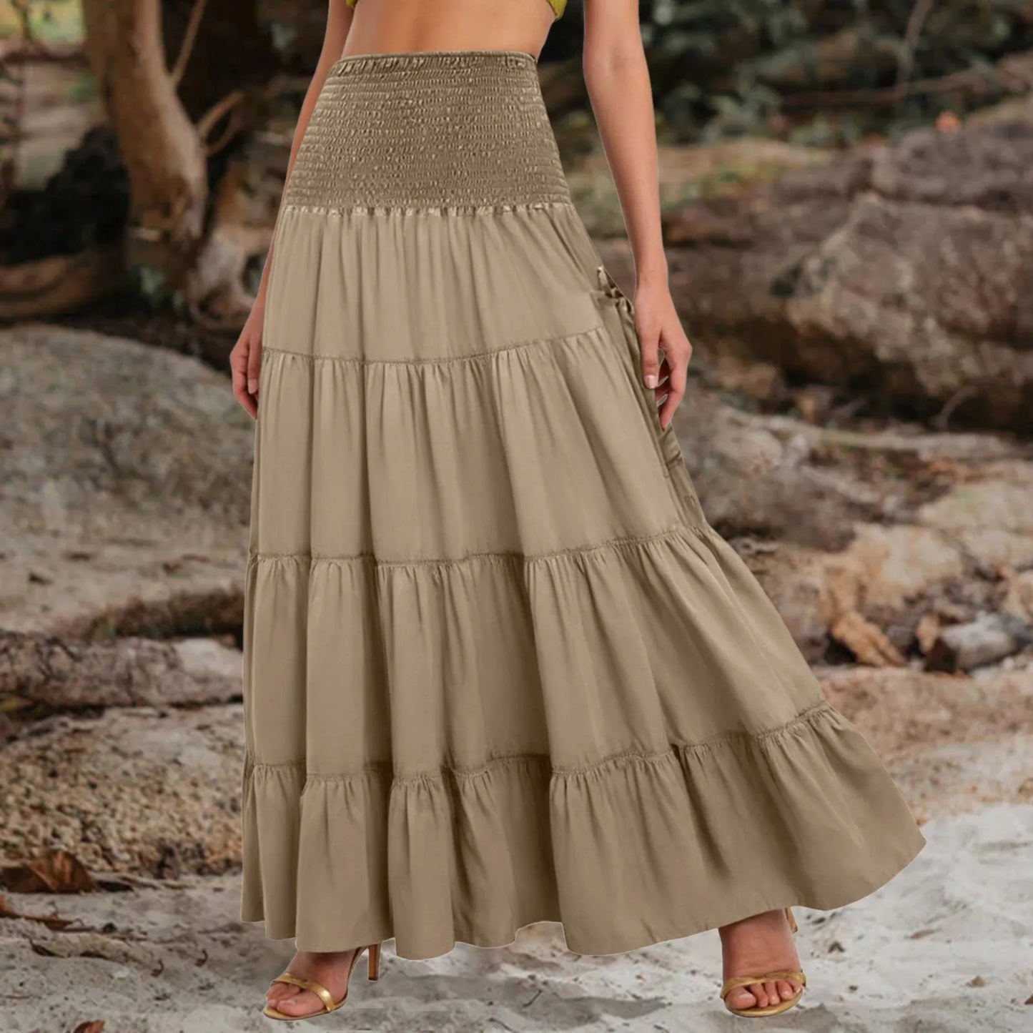 Boho Tiered A-Line Skirt Women Forest Fairy Pockets Patchwork Long Dress Elastic Waist Vintage Hippie Gypsy Maxi Skirt 스커트
