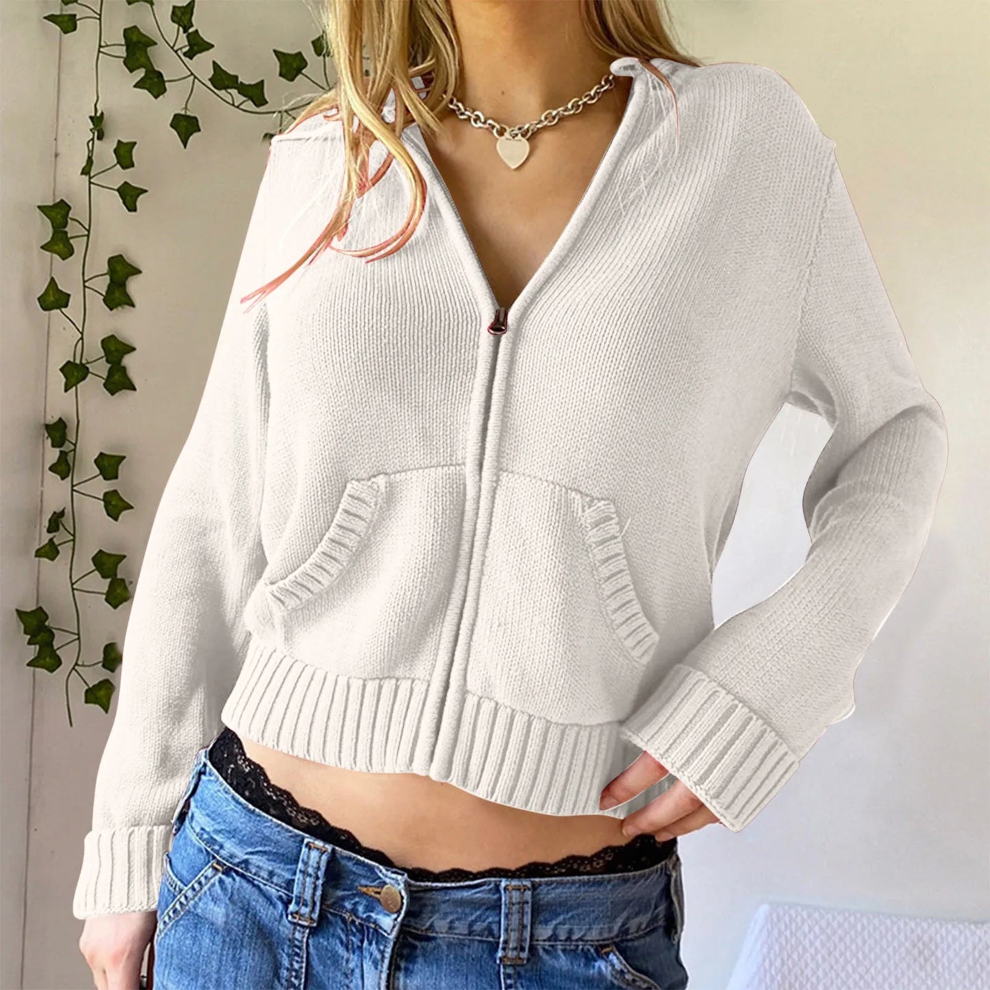 Autumn And Winter Zip Up Long Sleeve Crop Hoodie Womens Sweatshirts Ribbed Knit Cropped Hoodie Sweater Pullovers Short Jackets