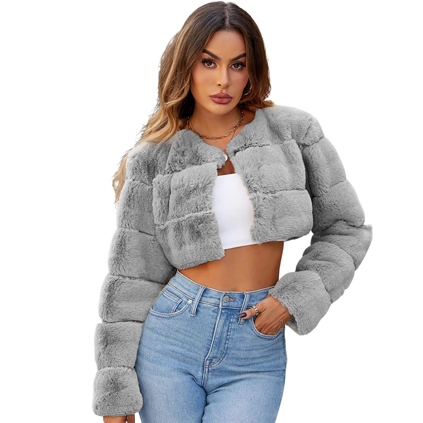 Faux Coat Cropped Jacket Fuzzy Fleece Jacket For Women V Neck Sweater Fashion Winter Warm Long Button Up Cardigans For Women