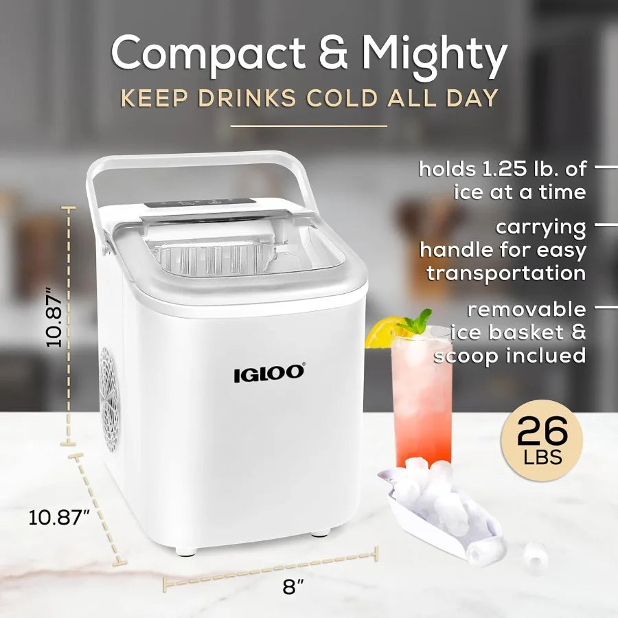 Portable Electric Countertop Ice Maker Machine with Handle White 26 Pounds in 24 Hours 9 Ice Cubes in 7 Minutes Includes Ice Sc