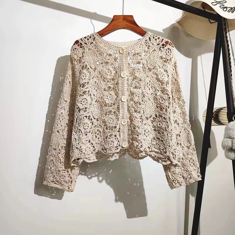 Long Sleeve Crochet Knit Top Beach Bikini Cover Up Button-up Cardigan Blouse Women blusas para mujer Vacation Boho Outfit
