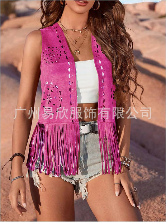 Western Fringe Vest for Women - Vintage Faux Suede Waistcoat with Tassel Trim, Boho Hippie Open Front Sleeveless Jacket