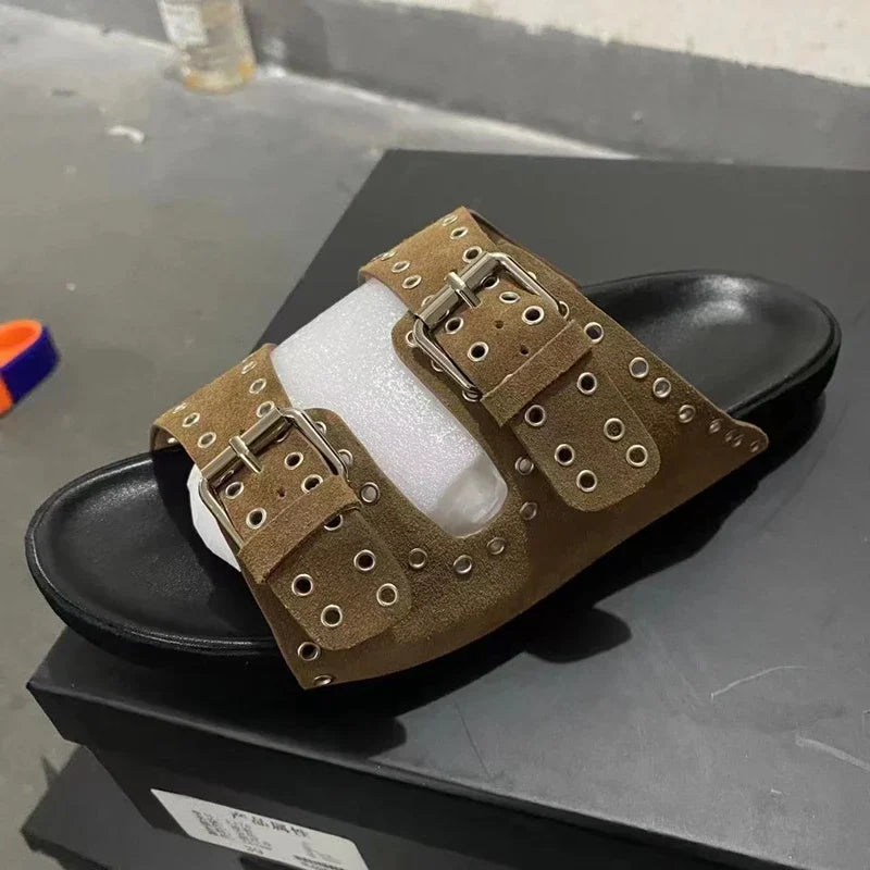 Sandals Woman Summer 2024 Beach Open Toe Slippers Flat Shoes Sandals Unisex Buckle Rivet Decoration Slip On Roman Big Size 43
