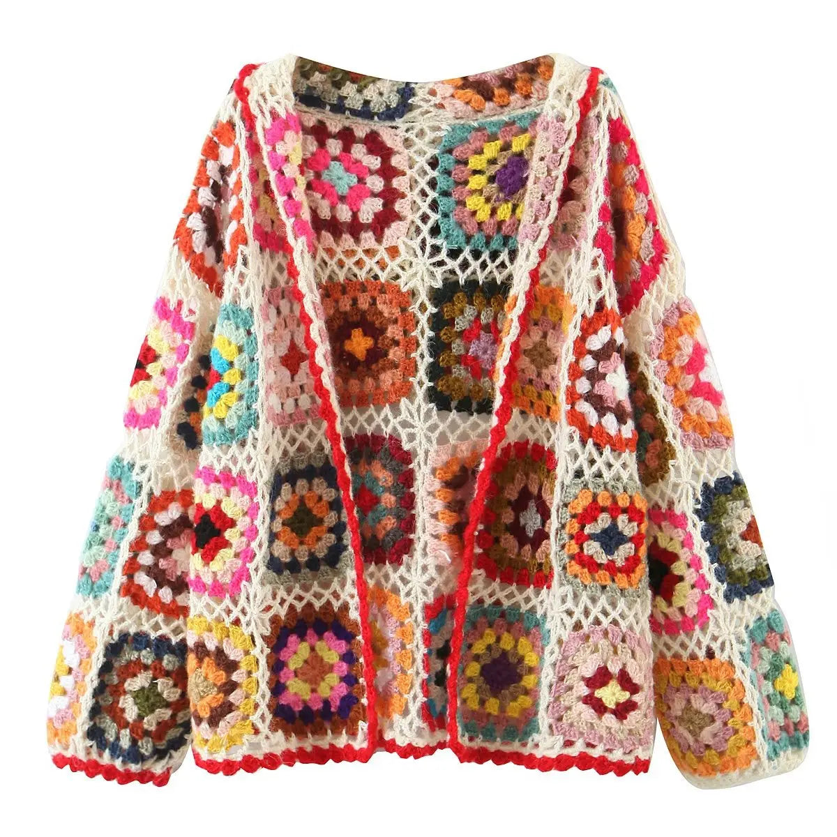 Boho Inspried crochet hand-made cardigan women square pattern knitted cardigan sweater long sleeve boho cardigan autumn winter