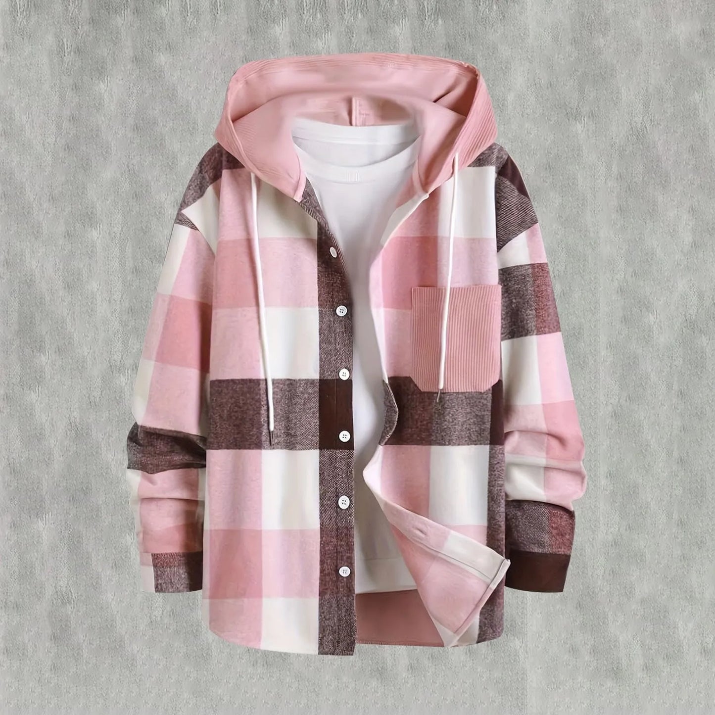 Men's Hooded Jacket Lightweight Drawstring Regular Fit Long Sleeved Buttoned Plaid Pocket Shirt Jacket Solid Color Linen Shirt