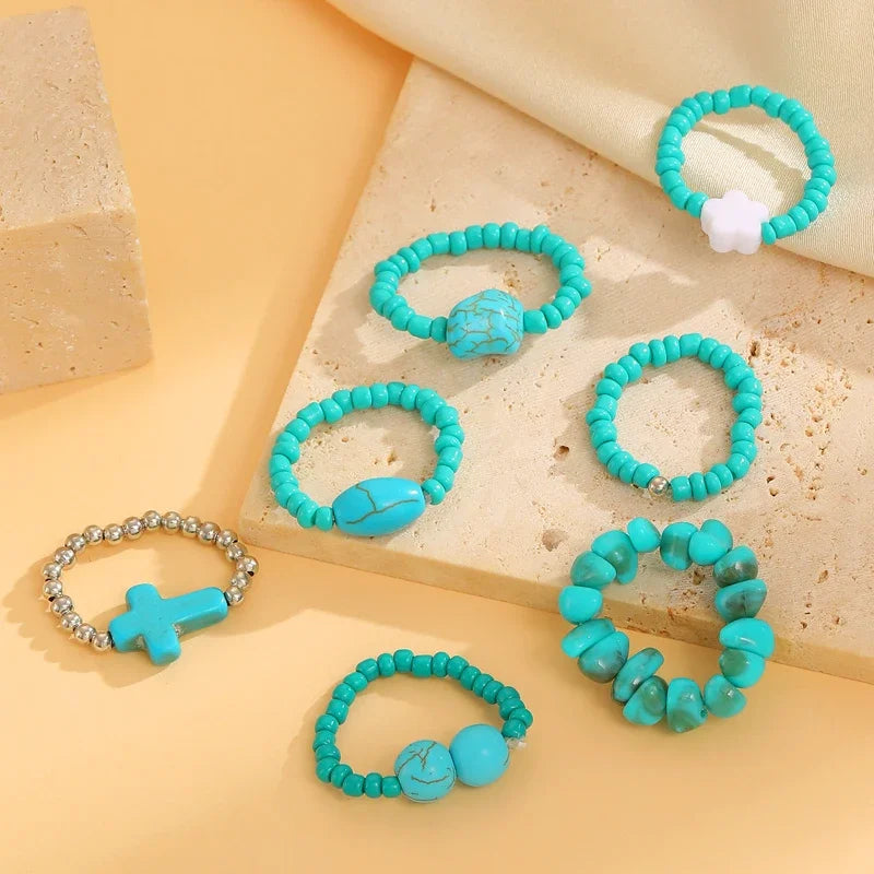 Ethnic Style Imitation Pearl Beads Rings Set for Women Retro Blue Stone Cross Elastic Rope Ring Personality Jewelry Gift