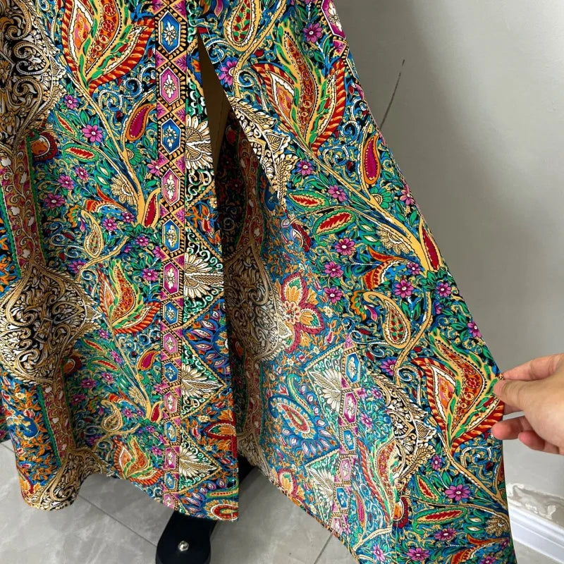 Vintage Bohemian Ethnic Print Long Skirt Women 2026 Summer Casual High Waist Skirt Lady Elegant Boho A line Split Pleated Skirt